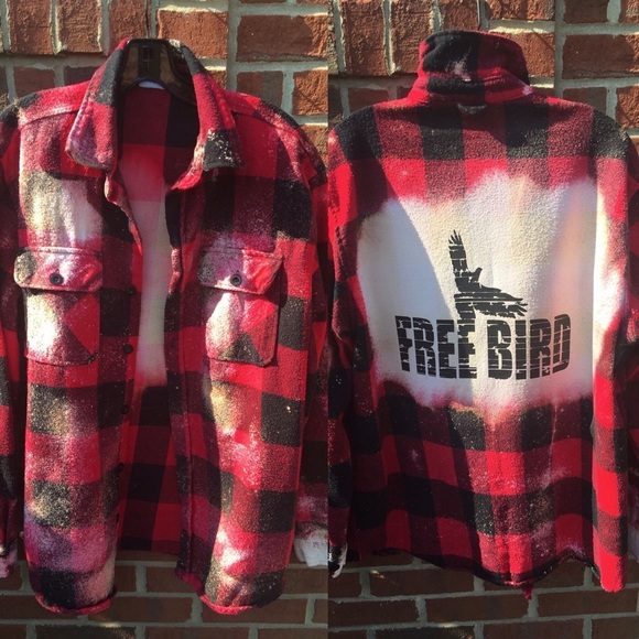 Flannel Shirt Jacket Shacket Free Bird Graphic Red Buffalo Plaid Mens Large - Picture 1 of 9